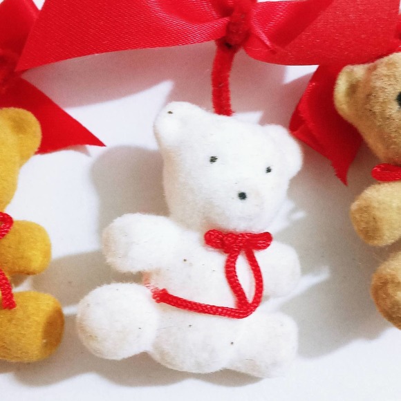 Vintage Flocked Teddy Bears Ornaments Set of 3 Christmas Decorations (z) - Picture 3 of 5